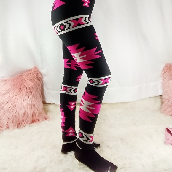 Black Leggings with Pink Aztec Designs. - Picture 1 of 8